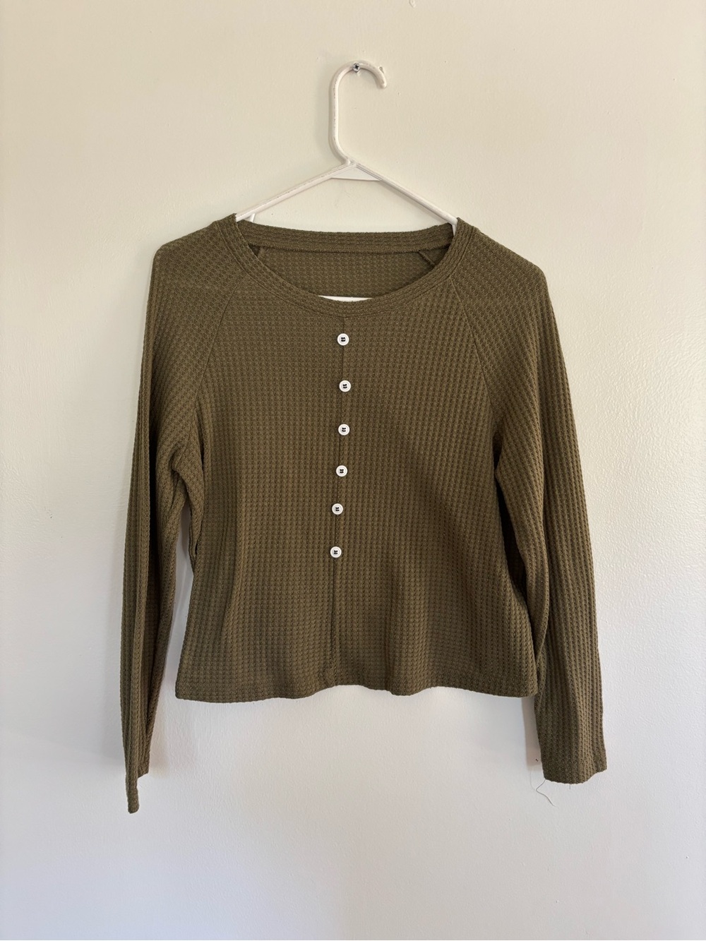 SHEIN Olive Green Waffle Button-Front Long Sleeve Top